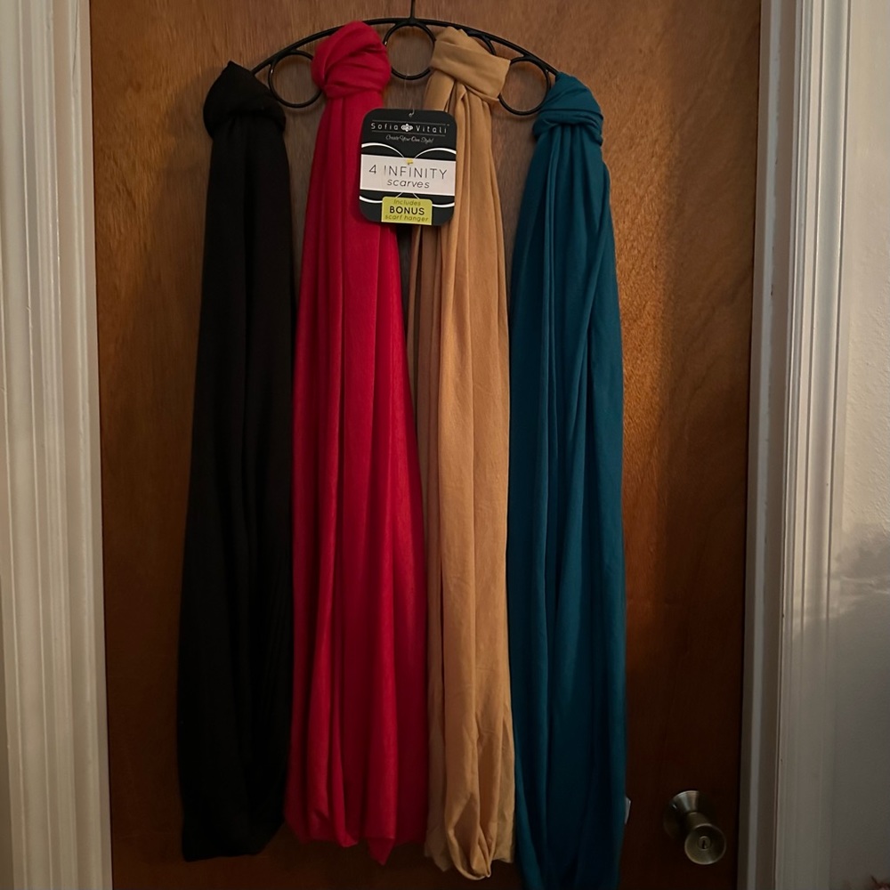 Sofia Vitali set of 4 jewel tone convertible infinity scarves with scarf hanger